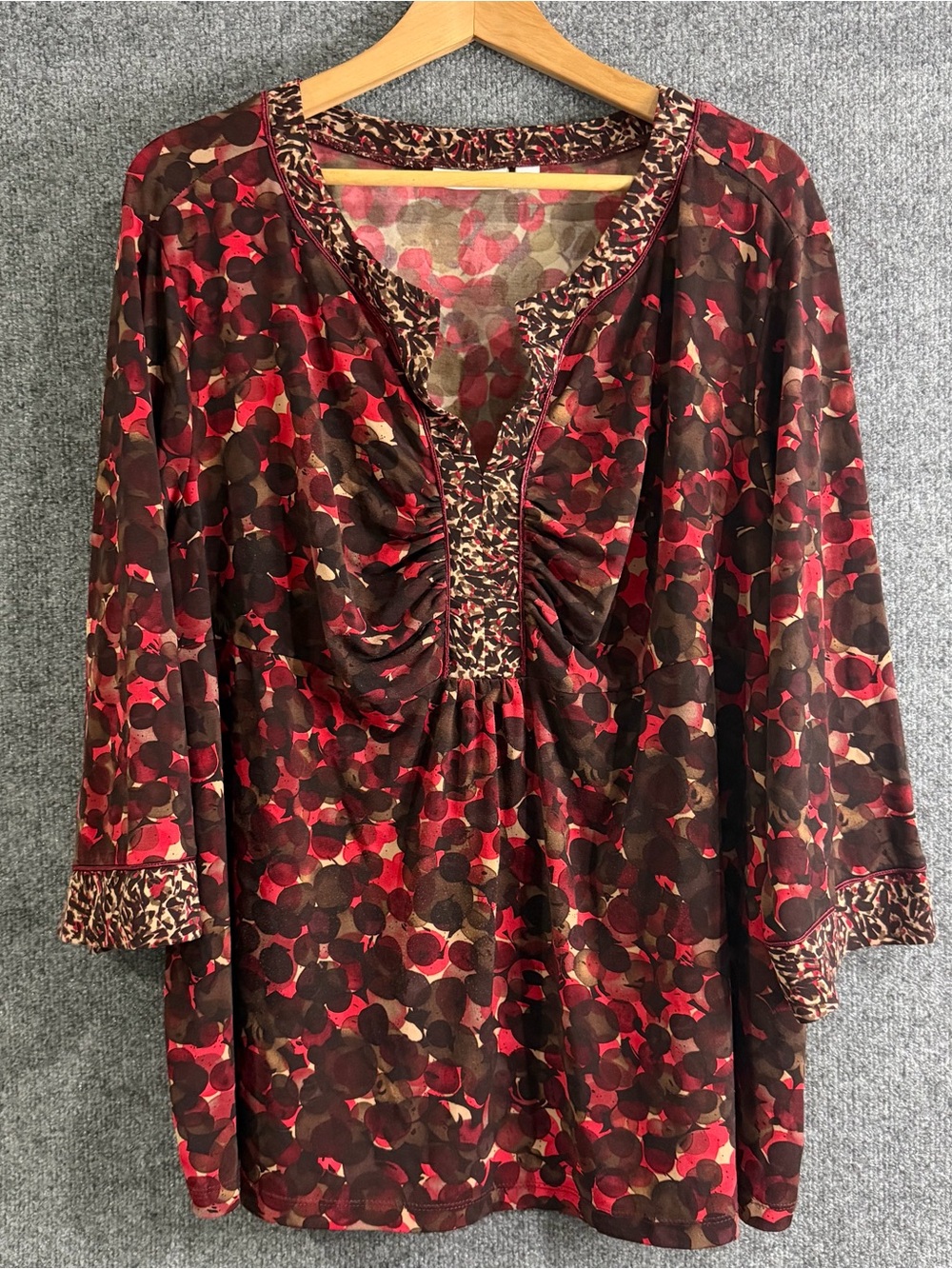 Susan Graver Womens 3X Liquid Knit Red Brown Dot Print Split Neck Tunic Top